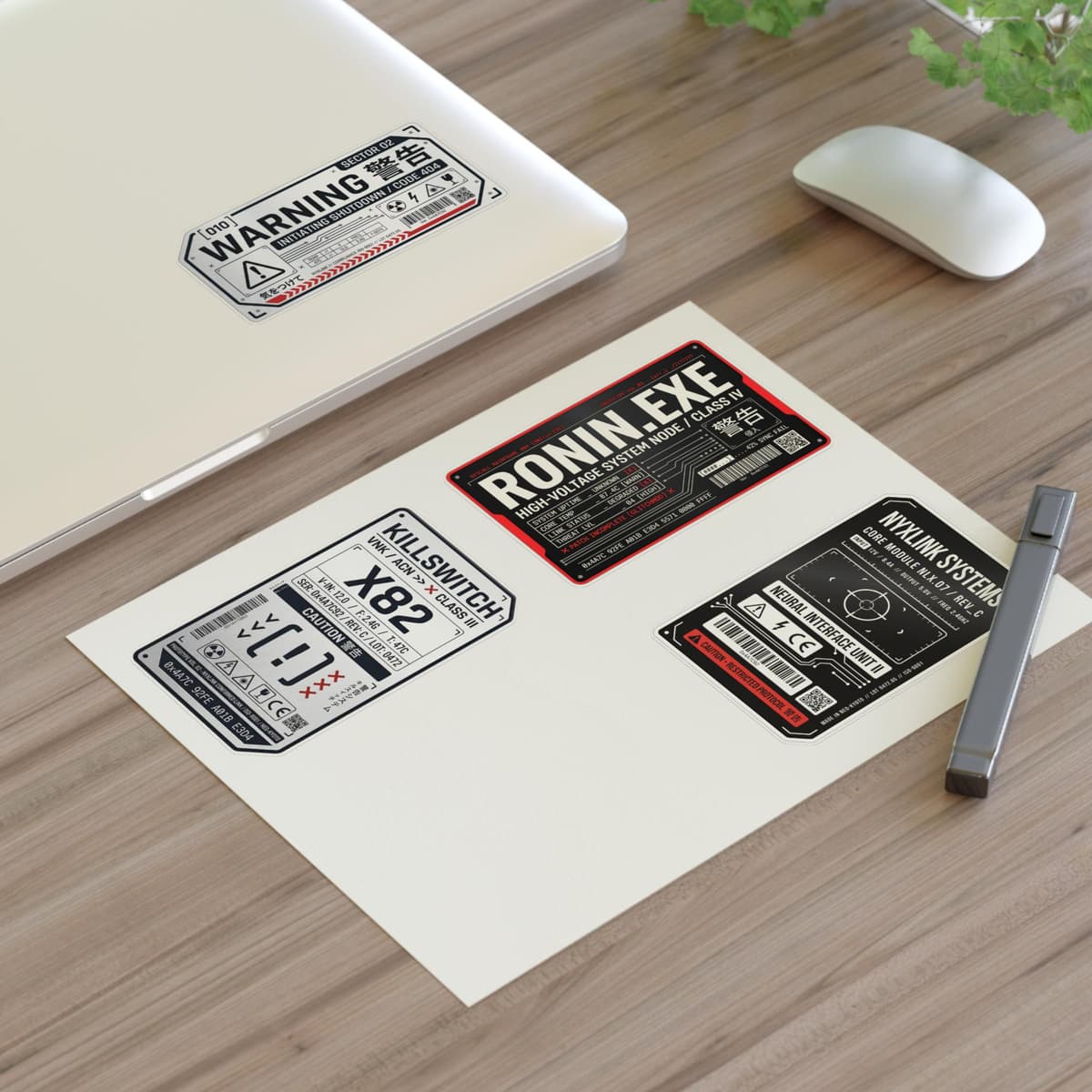 Cyberpunk Warning Labels Holographic Sticker Sheet | Sci-Fi Tech Decal Pack