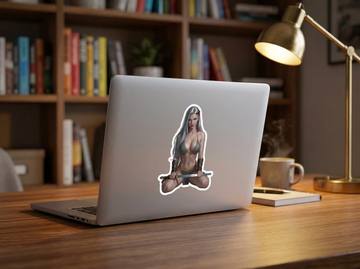 Elara Kneeling Sword Waifu Sticker | Fantasy Warrior Anime Vinyl Decal (Kiss Cut)