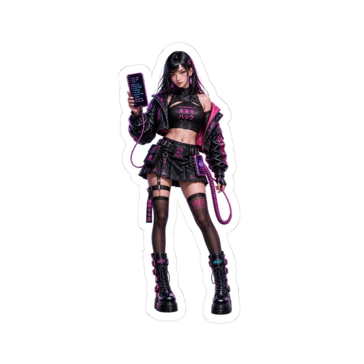Cyber Hacker Sticker | Anime Coder Waifu Vinyl Decal, Pink Black Y2K Style