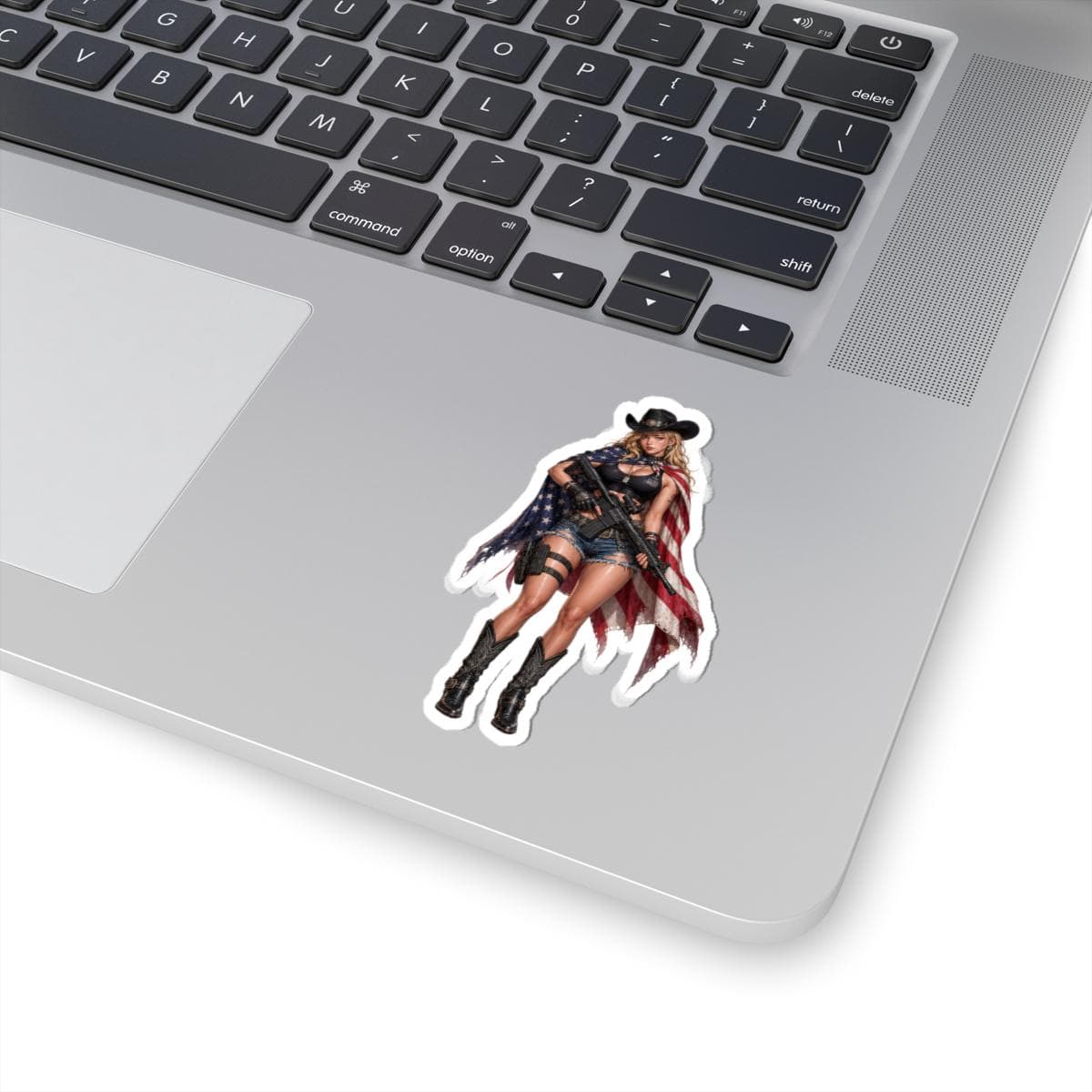 American Cowgirl Rifle Pin-Up Kiss-Cut Sticker | Patriotic Western Vinyl Decal | Flag Cape Cowgirl