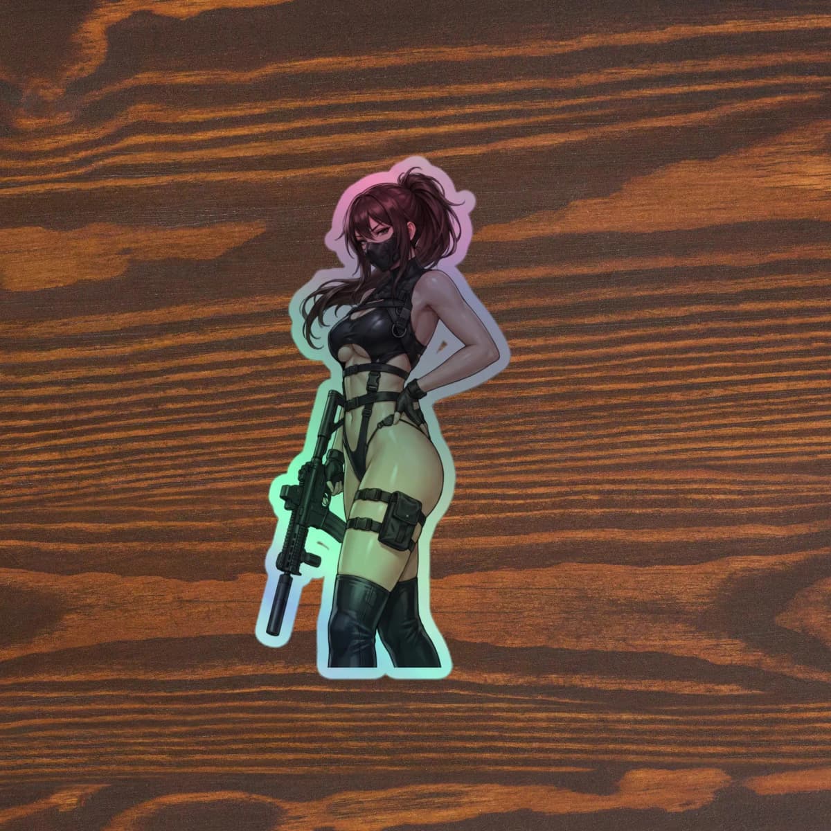 Tactical Girl Sniper Harness Holographic Sticker | Operator Pin-Up Iridescent Vinyl Decal