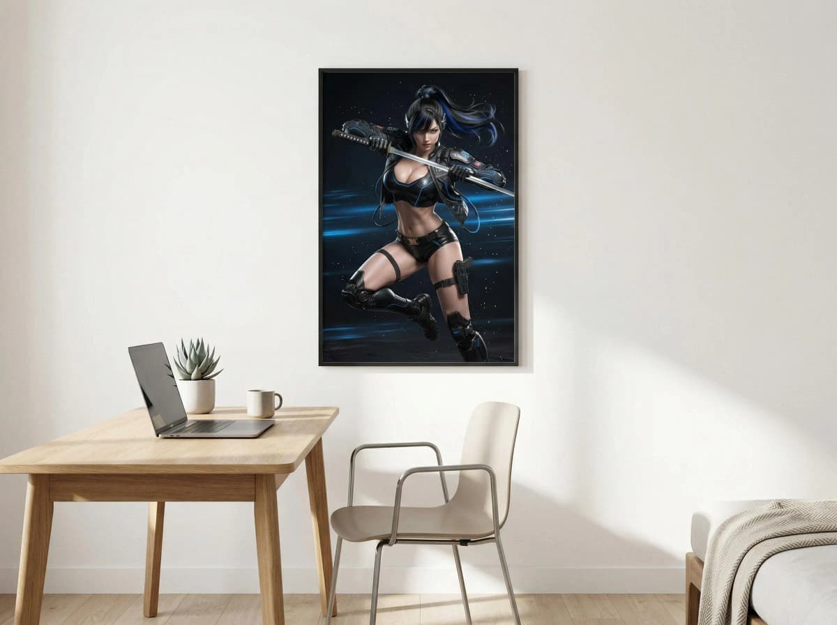 Neon Sword Warrior Poster | Cyberpunk Sci-Fi Pin-Up Wall Art (Matte Print)