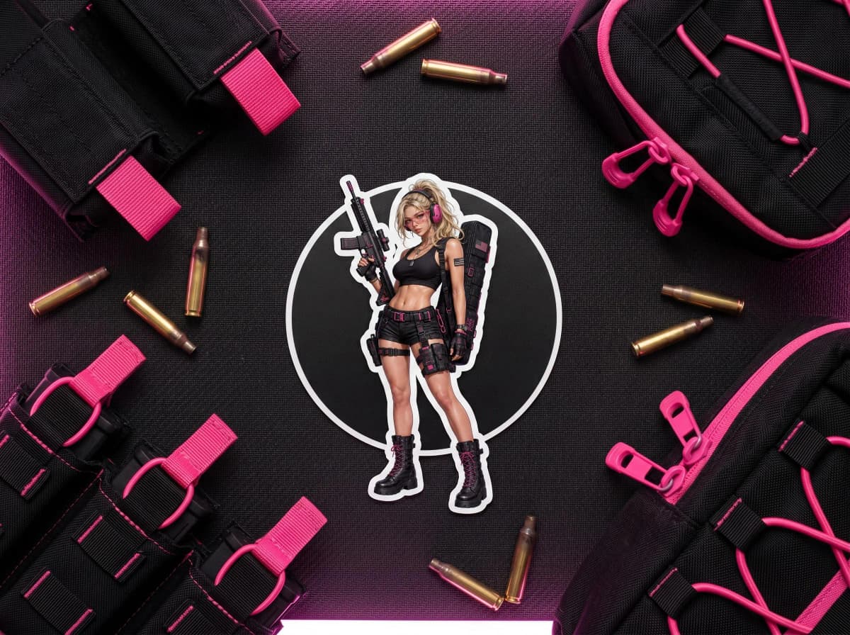 Pink Tactical Operator Pin-Up Kiss-Cut Sticker | Cyber Tactical Waifu Vinyl Decal | Hot Pink Range