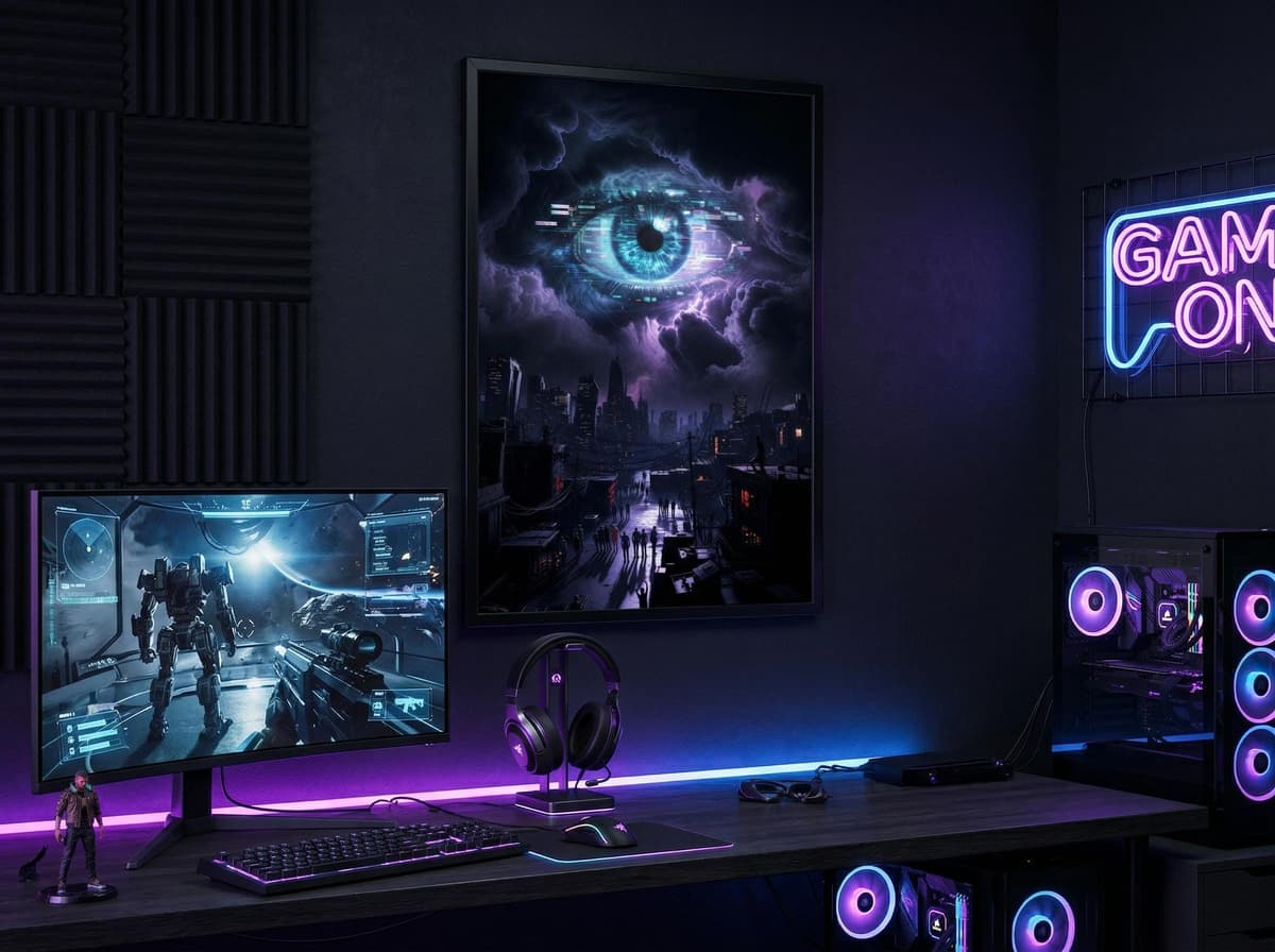 Cyberpunk Surveillance Eye Poster | Dystopian Cityscape Sci-Fi Wall Art (Matte Print)