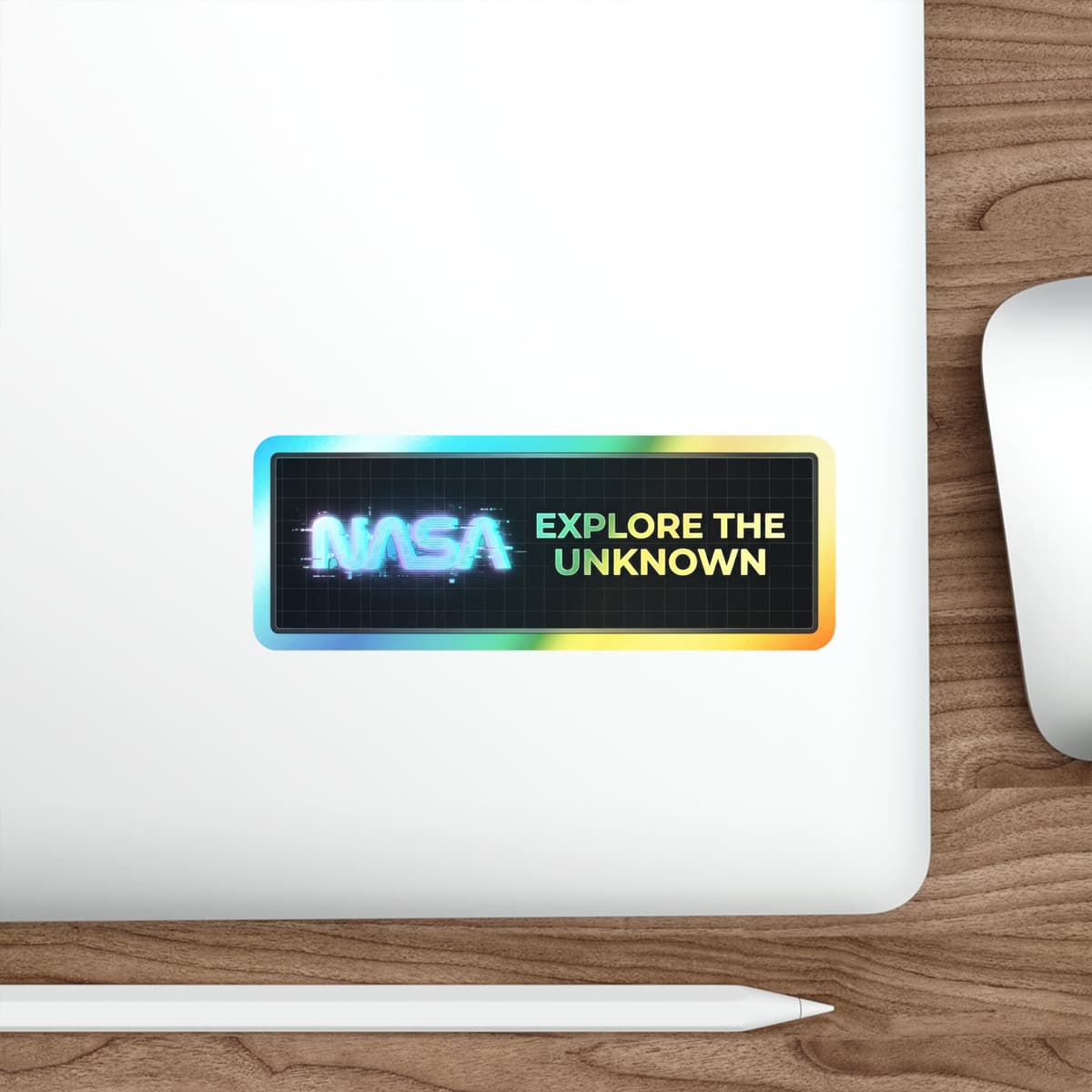 NASA Explore The Unknown Holographic Sticker | Space Mission Neon Bumper Decal