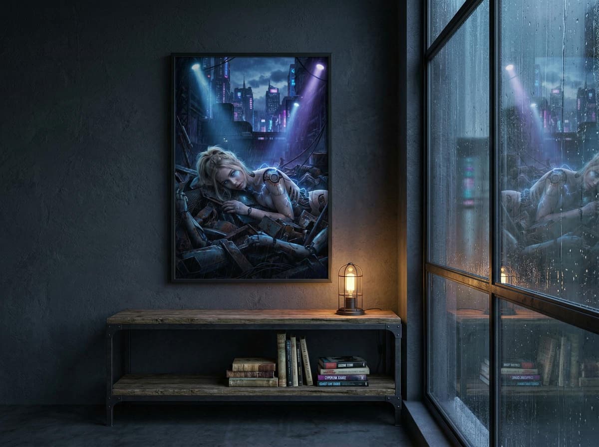 Discarded Android Poster | Cyberpunk Rain Neon City Wall Art (Matte Print)