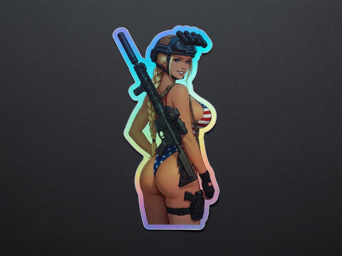Valkyrie Rear View Holographic Sticker | USA Bikini Rifle Iridescent Vinyl Decal