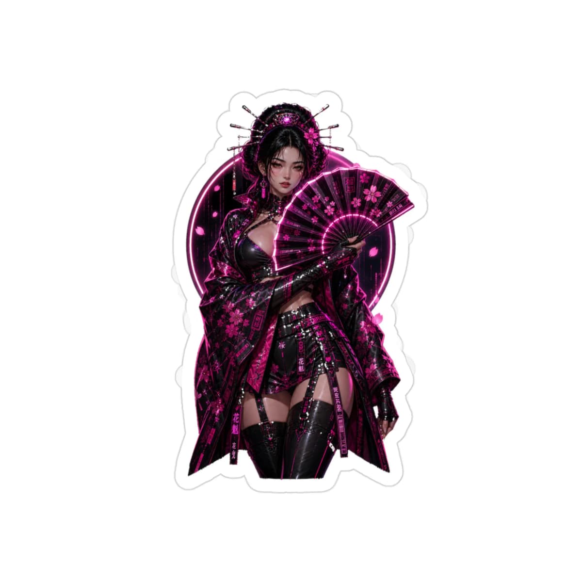 Black Pink Cyberpunk Geisha Pin-Up Sticker | Transparent Neon Anime Kimono Vinyl Decal | Oiran