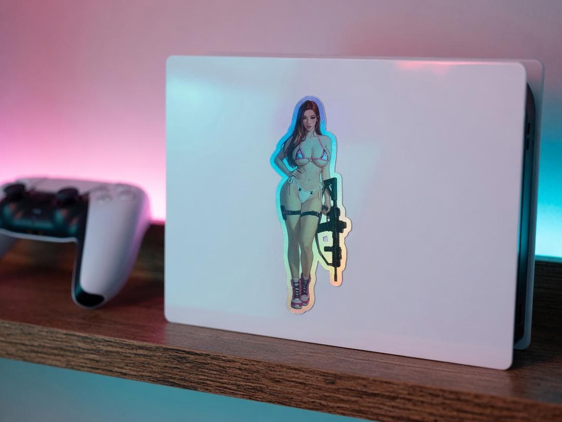 Bunny Pilot Bikini AR-15 Holographic Sticker | Gamer Girl Iridescent Vinyl Decal