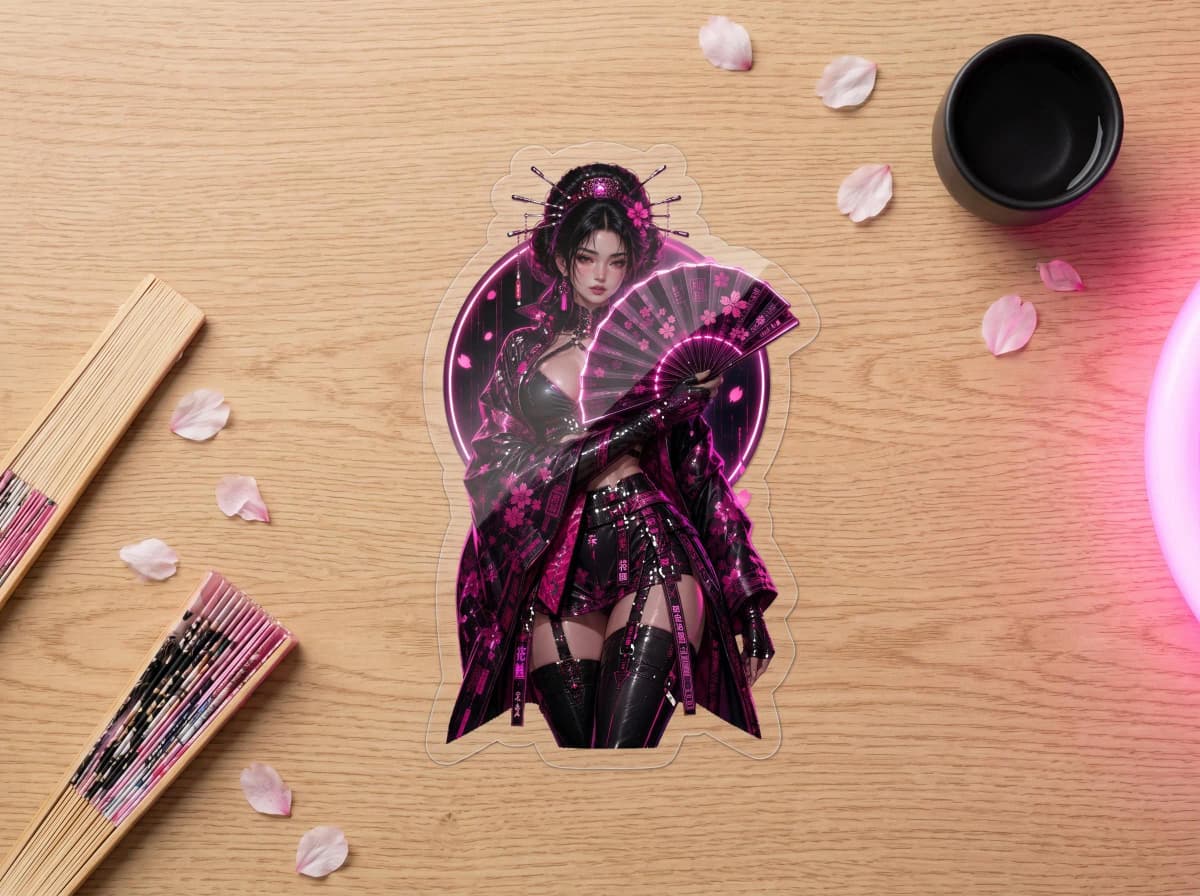 Black Pink Cyberpunk Geisha Pin-Up Sticker | Transparent Neon Anime Kimono Vinyl Decal | Oiran