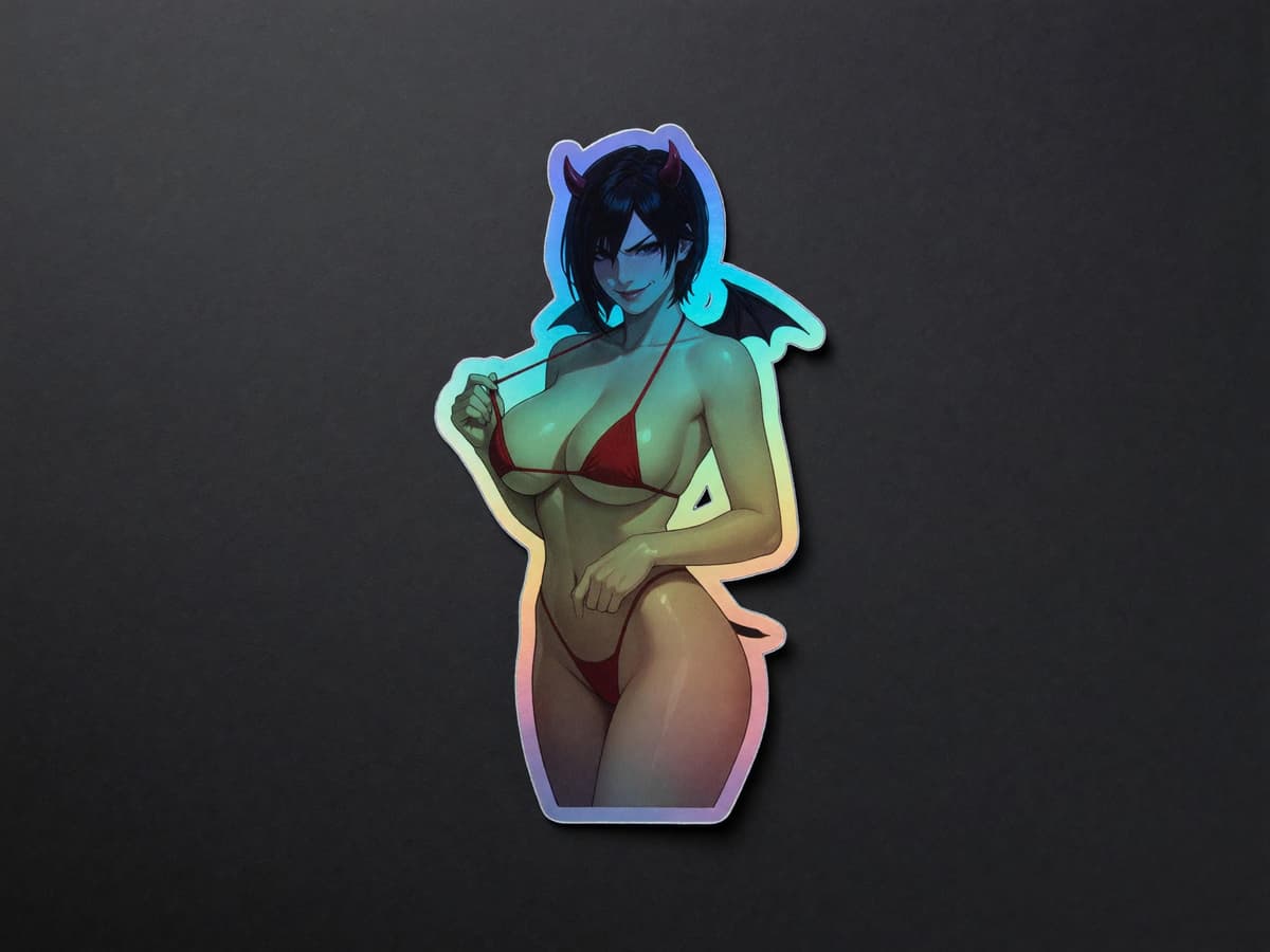 Crimson Devil Bikini Holographic Sticker | Femme Fatale Iridescent Vinyl Decal
