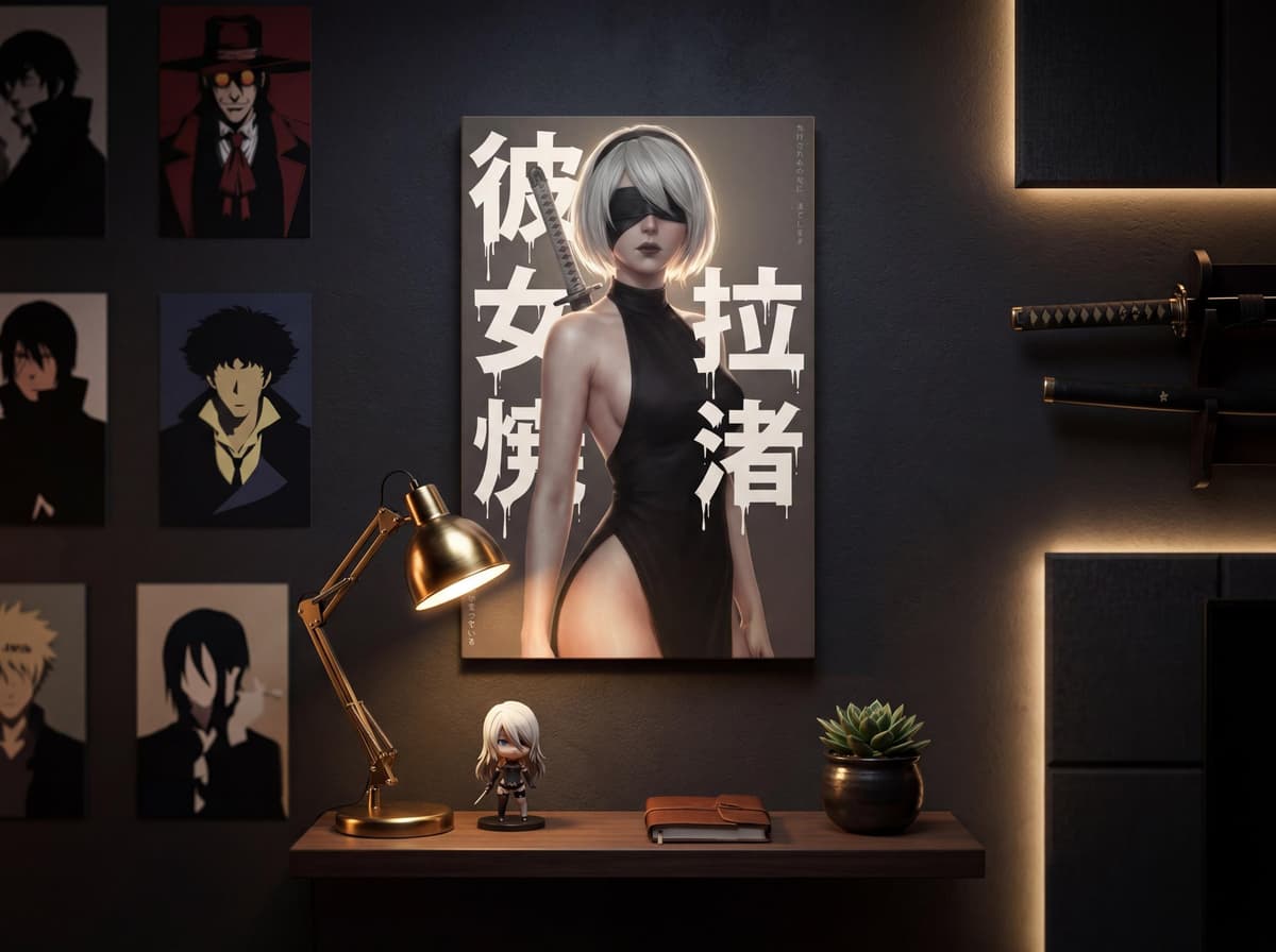 2B Kanji Art Canvas Print | Android Warrior Anime Wall Art, Game Room Decor