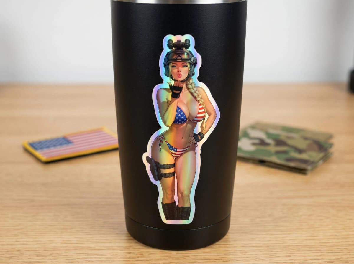 Valkyrie USA Bikini Blow Kiss Holographic Sticker | Patriotic Tactical Pin-Up Decal