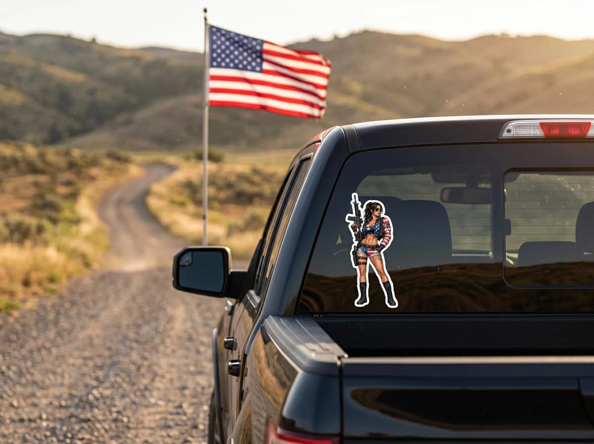 American Flag Jacket Tactical Pin-Up Kiss-Cut Sticker | Patriotic Operator Vinyl Decal | Range Girl