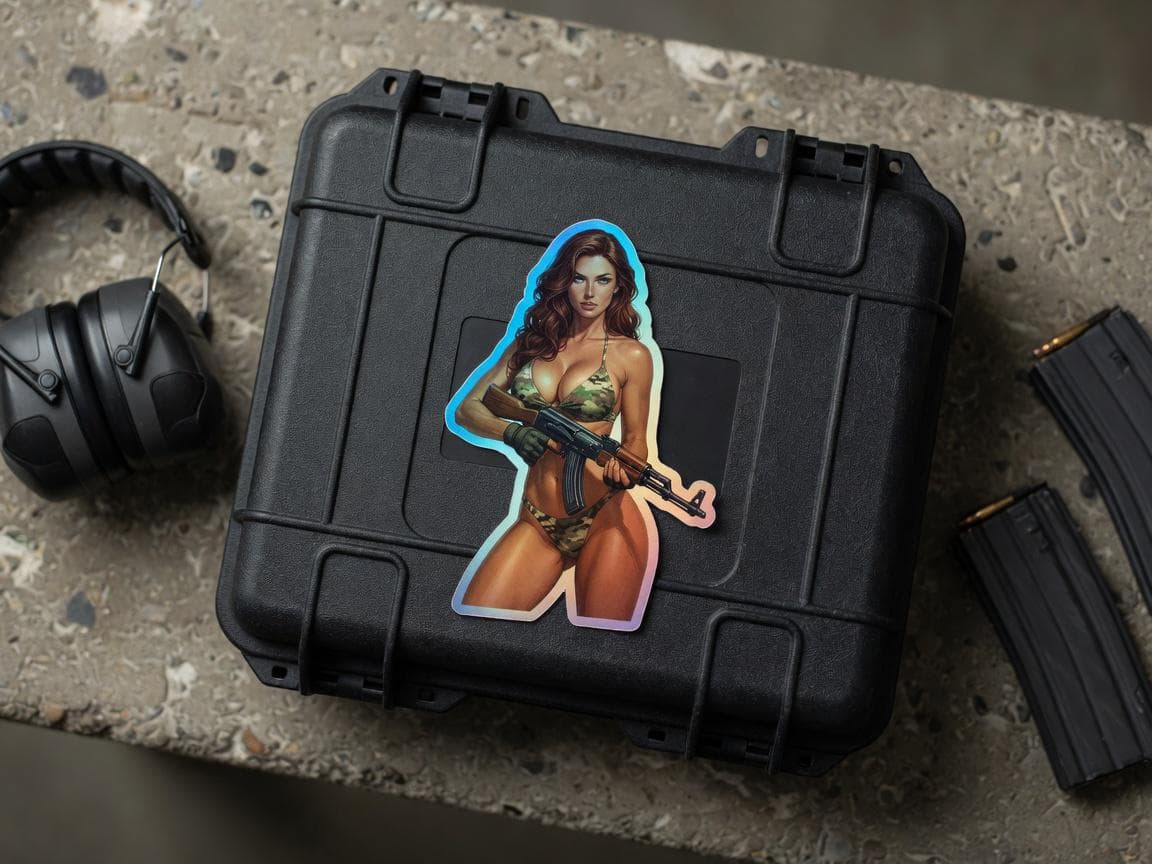 Tactical Girl AK-47 Holographic Sticker | Camo Bikini Iridescent Vinyl Decal