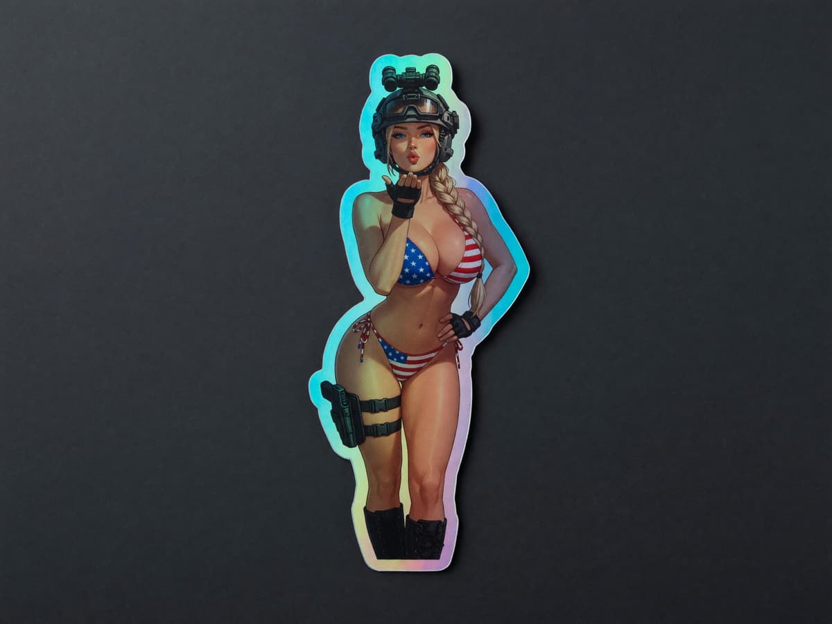 Valkyrie USA Bikini Blow Kiss Holographic Sticker | Patriotic Tactical Pin-Up Decal