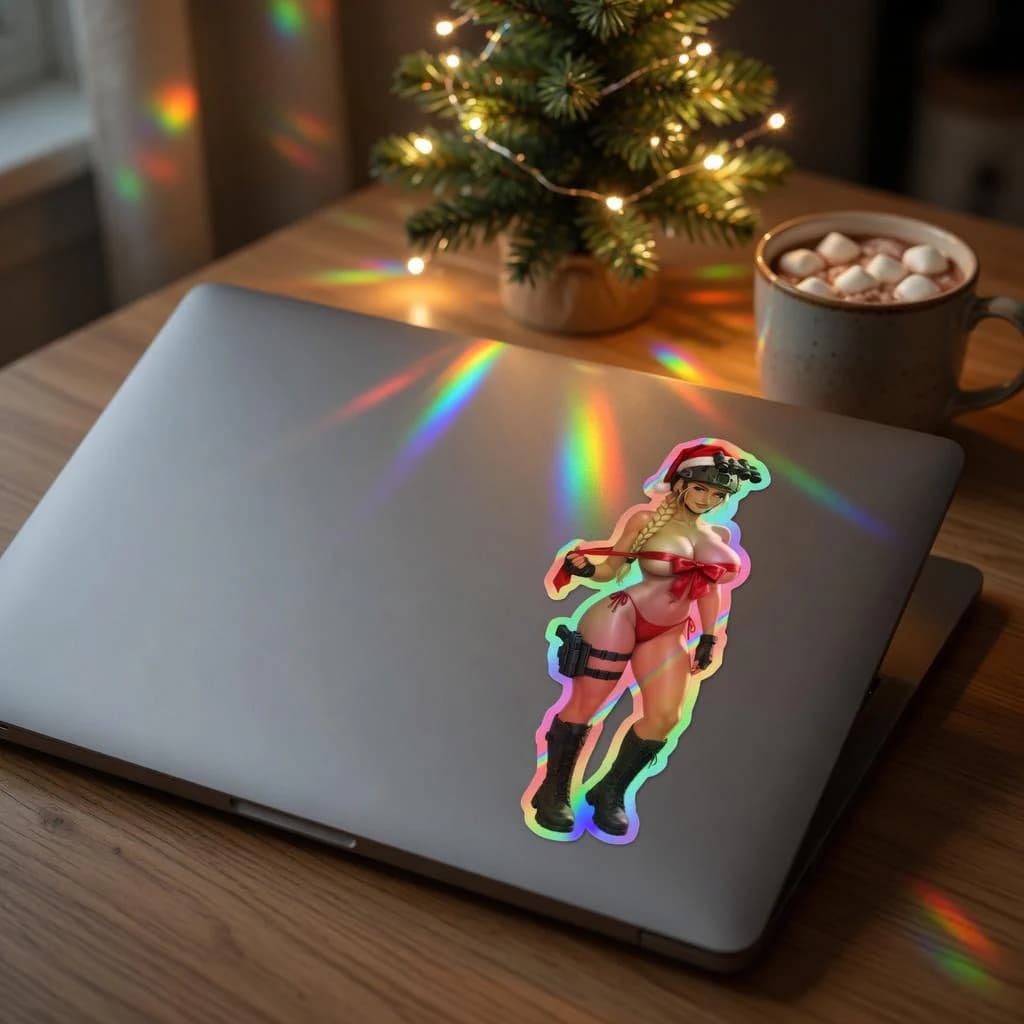 Valkyrie Christmas Gift Bow Holographic Sticker | Santa Hat Tactical Waifu Decal