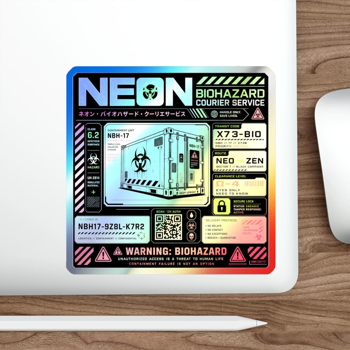 Neon Biohazard Courier Service Holographic Sticker