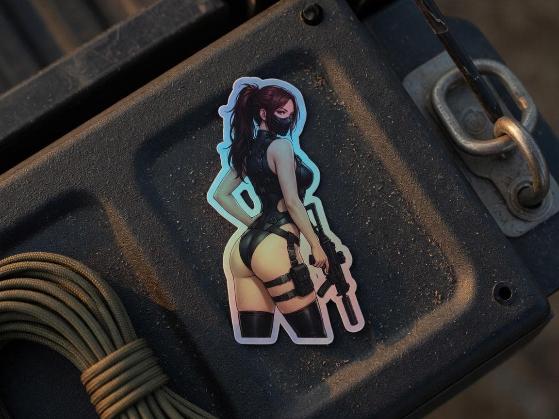 Tactical Girl Harness Rifle Holographic Sticker | Operator Pin-Up Iridescent Vinyl Decal