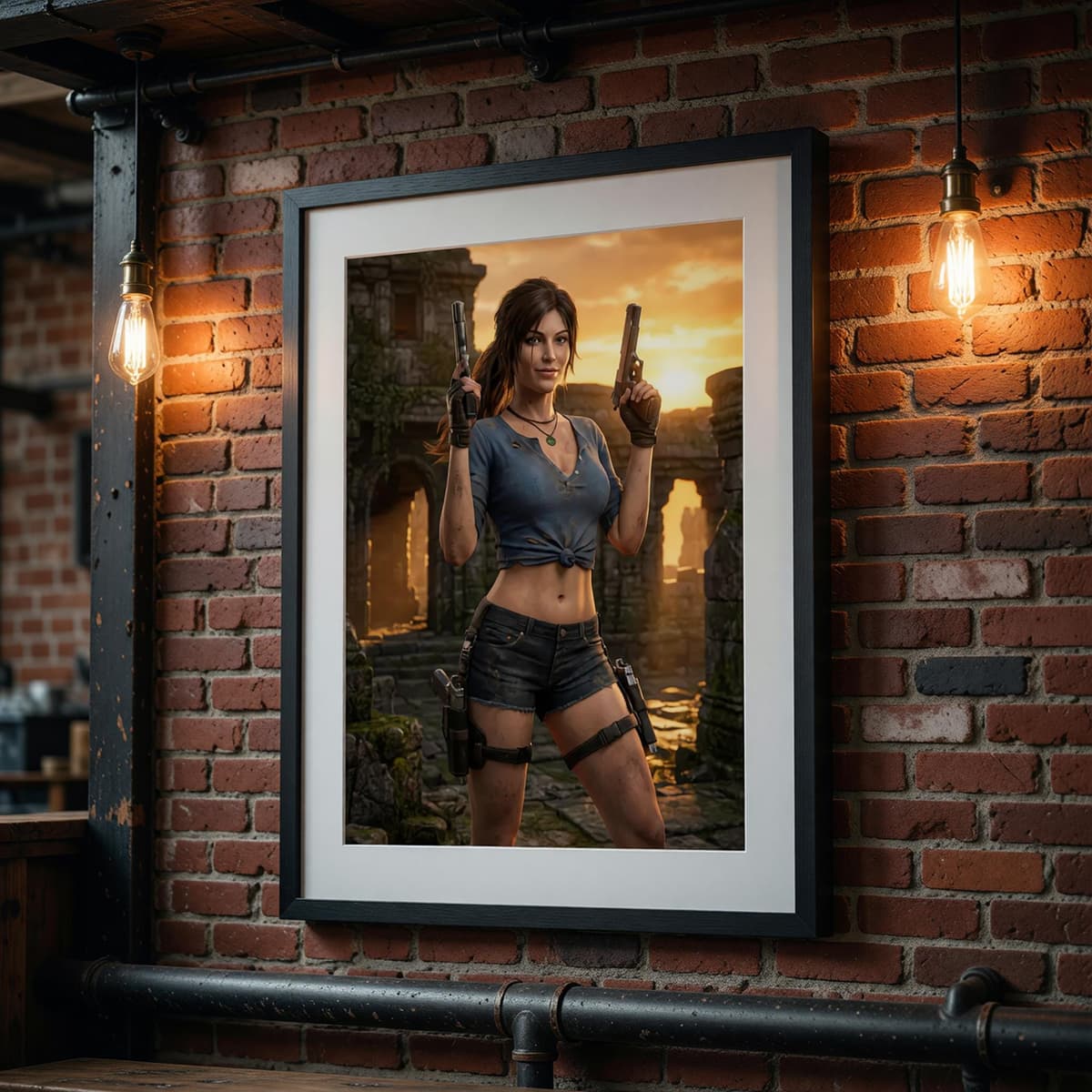 Explorer Sunset Ruins Poster | Dual Pistol Treasure Hunter Wall Art (Matte Print)
