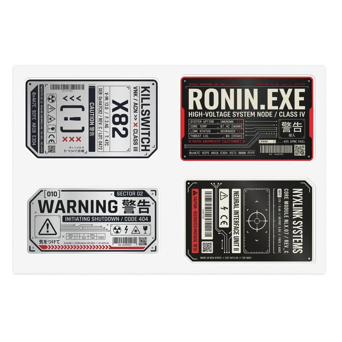 Cyberpunk Warning Labels Holographic Sticker Sheet | Sci-Fi Tech Decal Pack