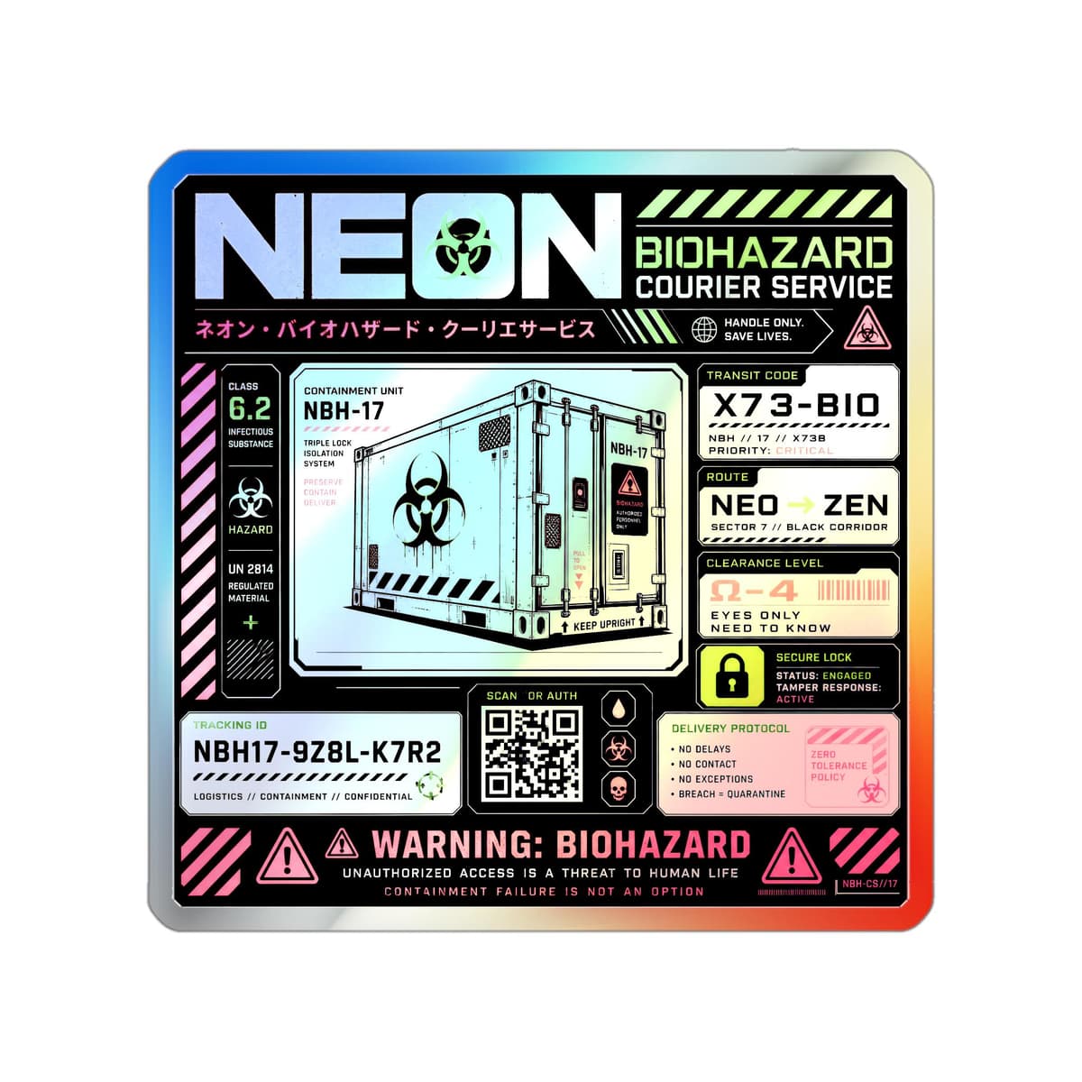 Neon Biohazard Courier Service Holographic Sticker