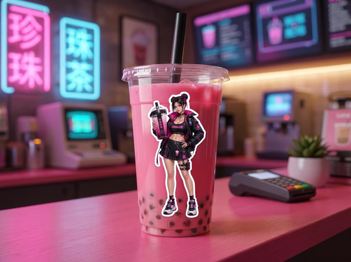 Cyberpunk Boba Tea Sticker | Anime Waifu Vinyl Decal, Hot Pink Y2K Style
