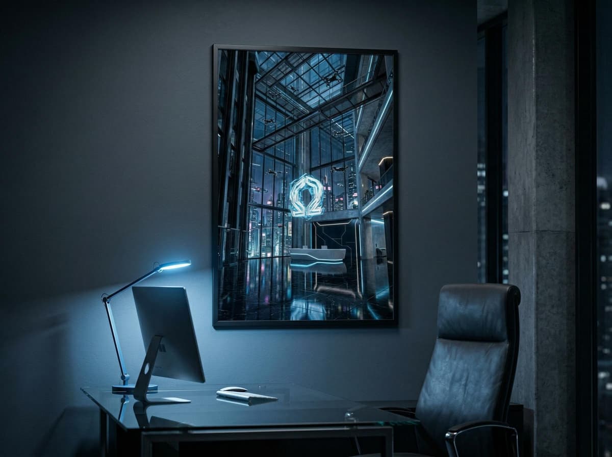 Sci-Fi Corporate HQ Lobby Poster | Cyberpunk Interior Wall Art (Enhanced Matte)