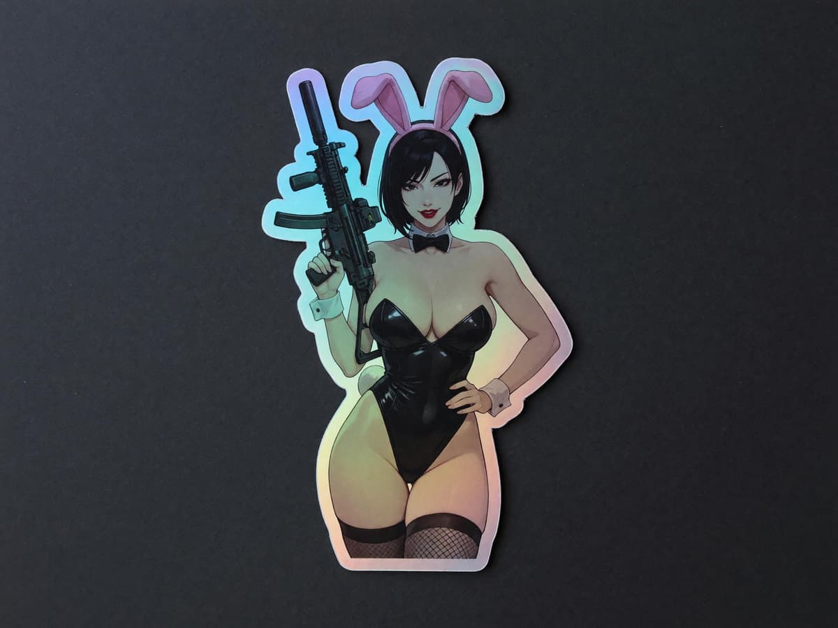 Crimson Bunny Girl MP5 Holographic Sticker | Tactical Anime Waifu Iridescent Vinyl Decal