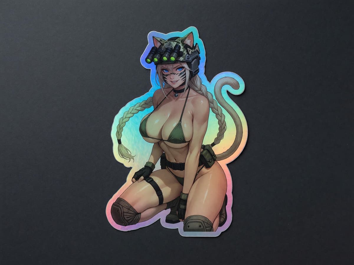 Valkyrie Tactical Catgirl Holographic Sticker | Anime Cat Ears Iridescent Vinyl Decal
