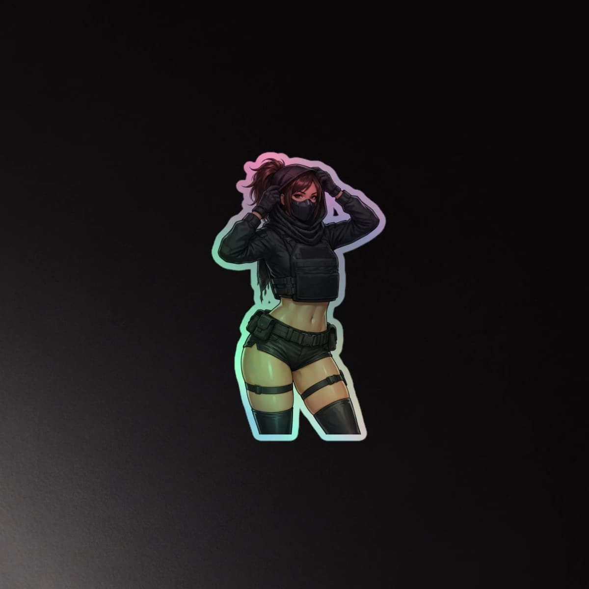 Tactical Girl Mesh Hood Holographic Sticker | Operator Pin-Up Iridescent Vinyl Decal