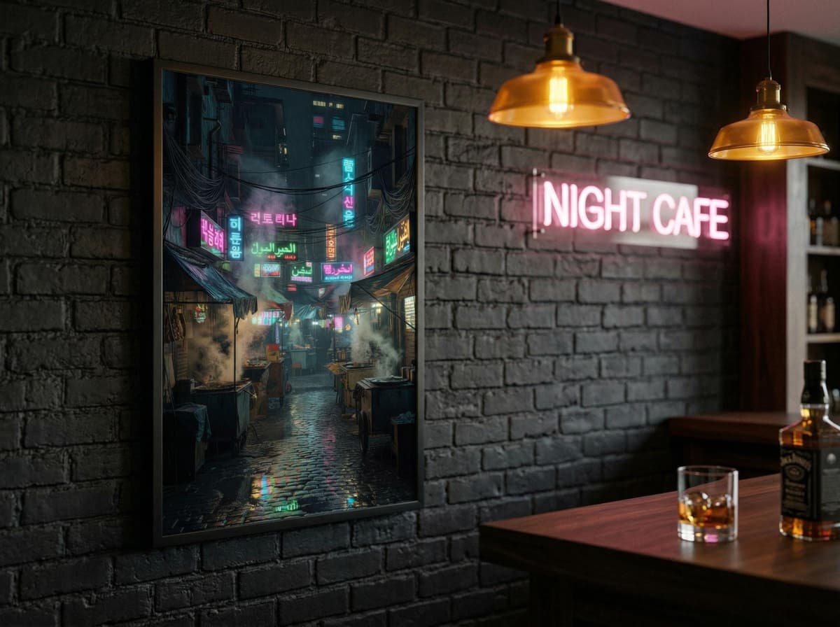 Cyberpunk Night Market Poster | Neon Alley Street Scene Wall Art (Matte Print)