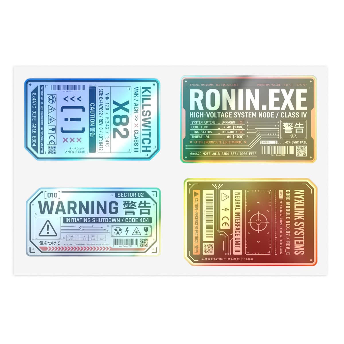 Cyberpunk Warning Labels Holographic Sticker Sheet | Sci-Fi Tech Decal Pack