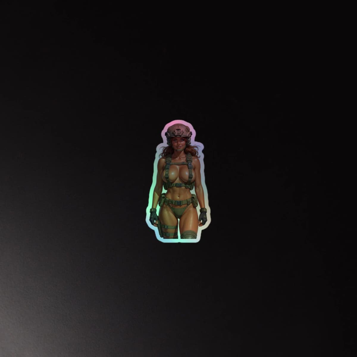 Tactical Girl Chest Rig Holographic Sticker | Military Pin-Up Iridescent Vinyl Decal