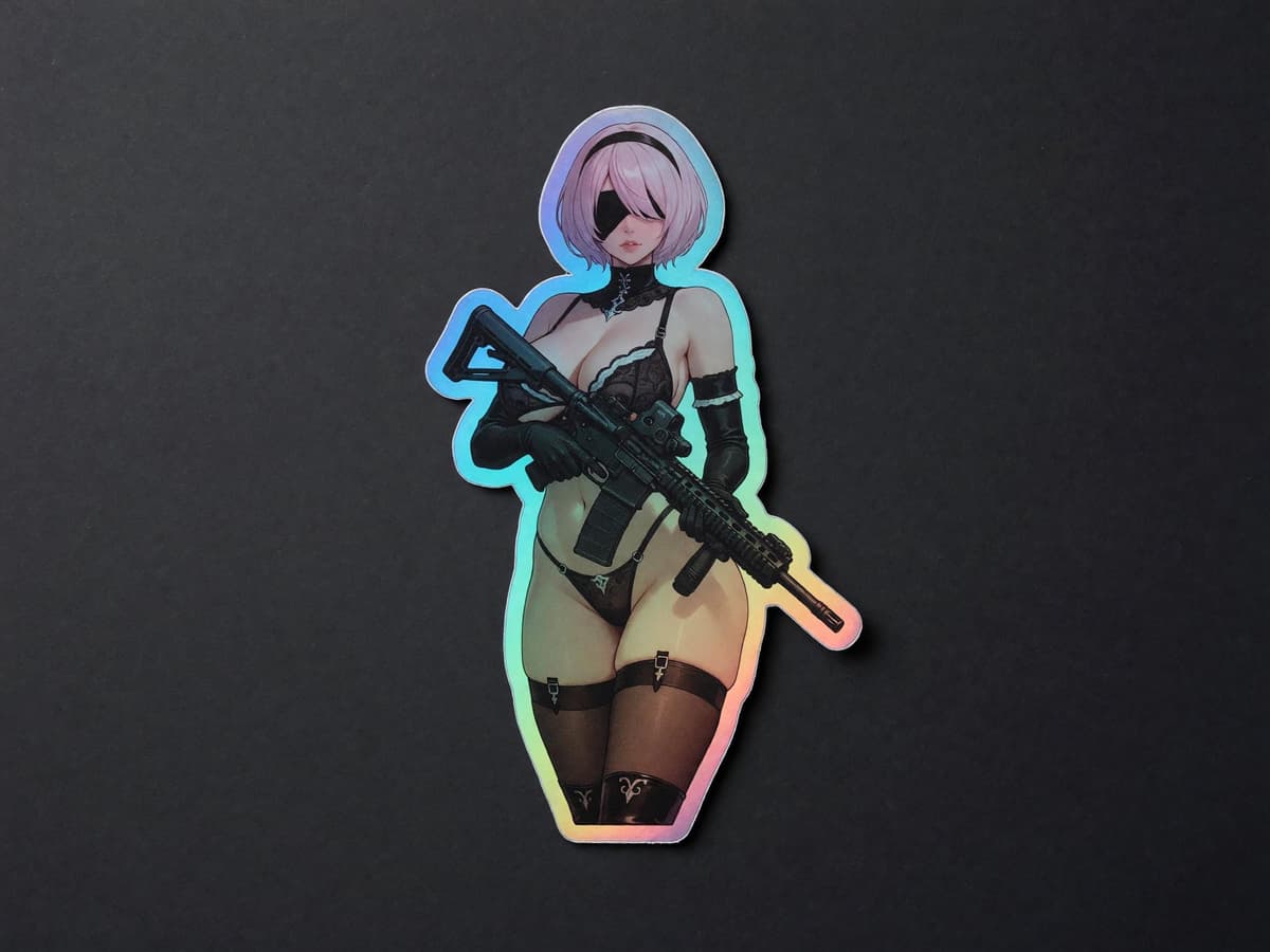 2B Android Warrior Holographic Sticker | Tactical Waifu Iridescent Vinyl Decal