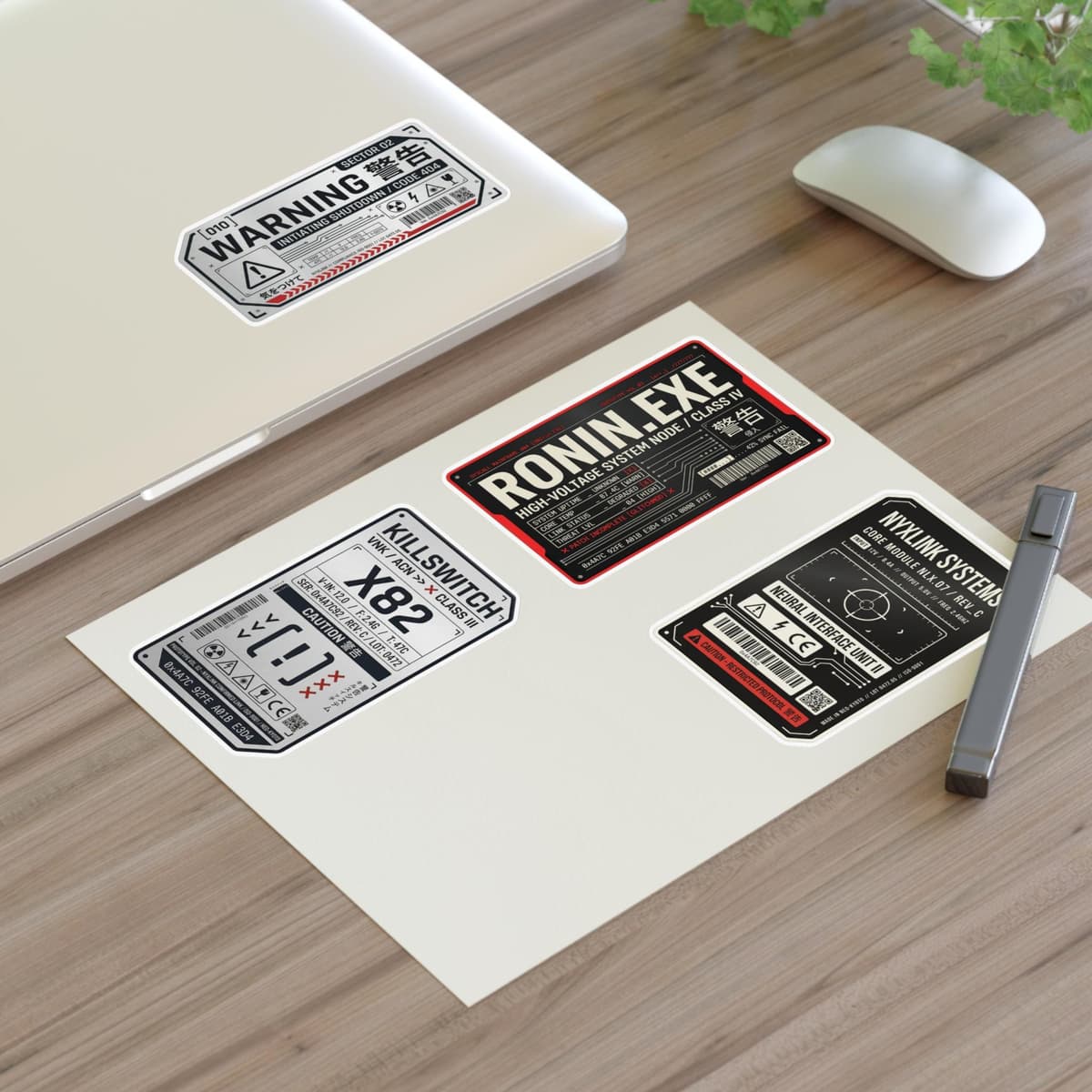 Cyberpunk Warning Labels Holographic Sticker Sheet | Sci-Fi Tech Decal Pack