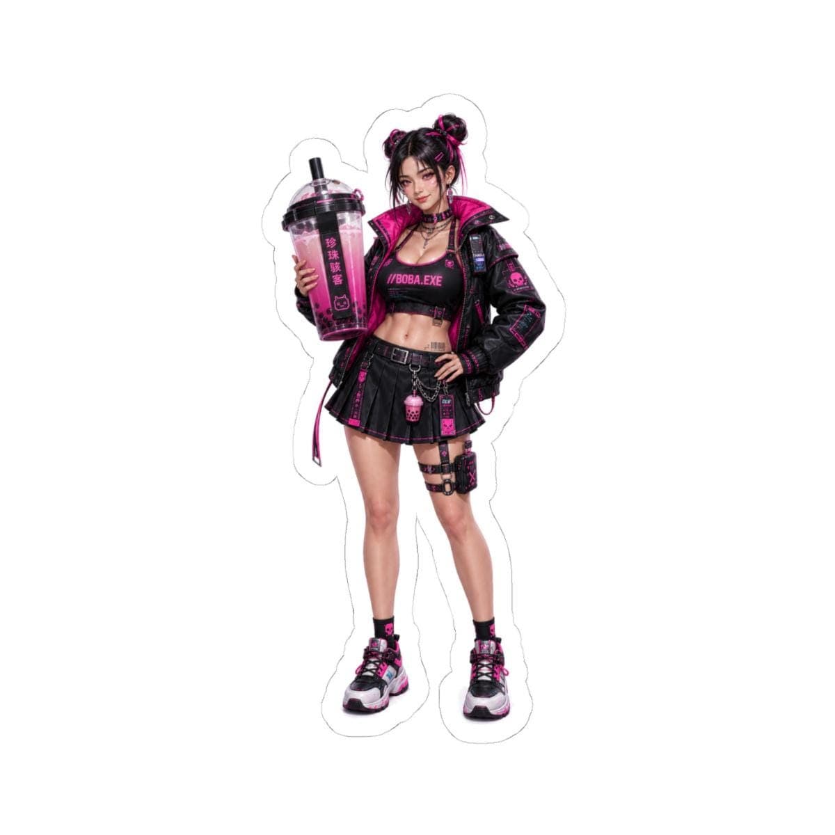 Cyberpunk Boba Tea Sticker | Anime Waifu Vinyl Decal, Hot Pink Y2K Style