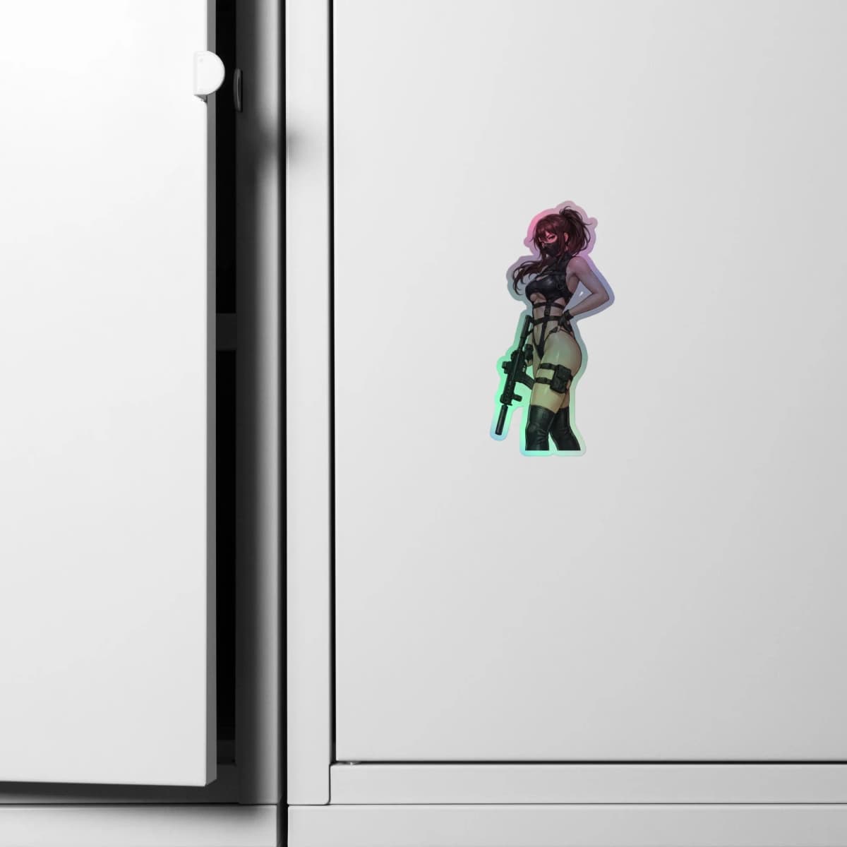 Tactical Girl Sniper Harness Holographic Sticker | Operator Pin-Up Iridescent Vinyl Decal
