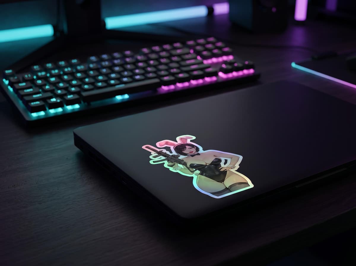 Crimson Bunny Girl MP5 Holographic Sticker | Tactical Anime Waifu Iridescent Vinyl Decal