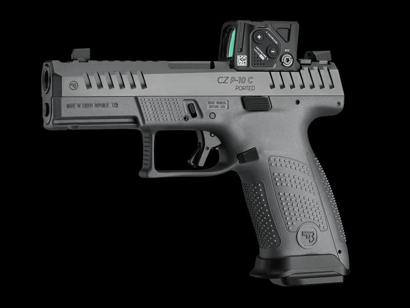 CZ P-10 C Ported COA left profile showing Aimpoint COA, ported barrel, extended serrations, and Nocturne-style sights