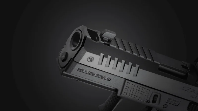 CZ P-10 C Ported COA close-up showing ported barrel, muzzle crown, and extended slide serrations