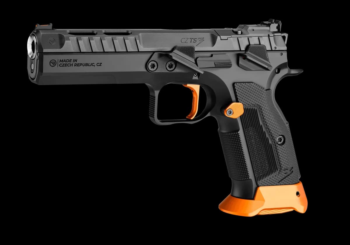 CZ TS 3 Orange left side profile showing the optic-ready slide cut, G10 grips, and orange magwell