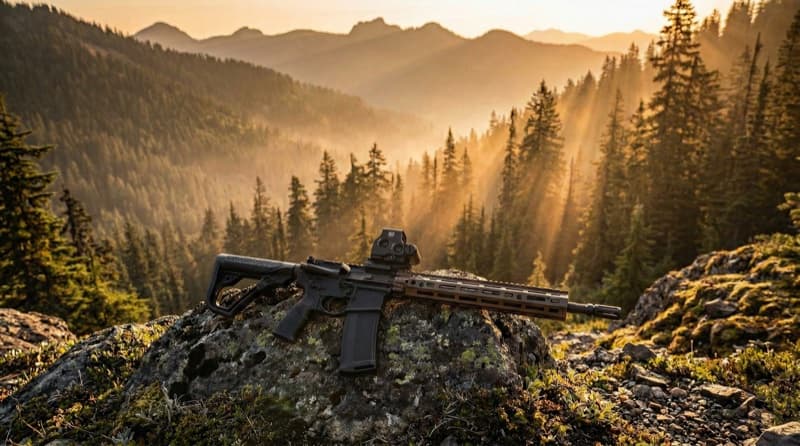 Daniel Defense M4A1 RIS III rifle on a rocky mountain overlook at golden hour with pine trees and mountain landscape