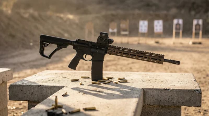 Daniel Defense M4A1 RIS III rifle on a concrete shooting bench at an outdoor range with target stands downrange