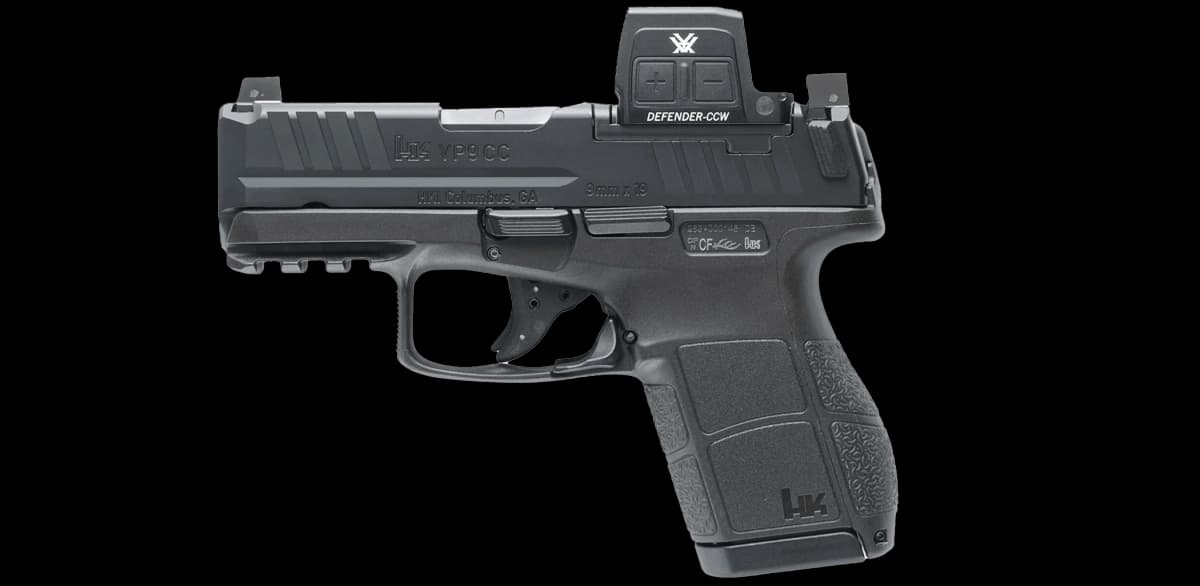 HK VP9CC OE with Vortex Defender-CCW enclosed emitter red dot, left side profile on black background