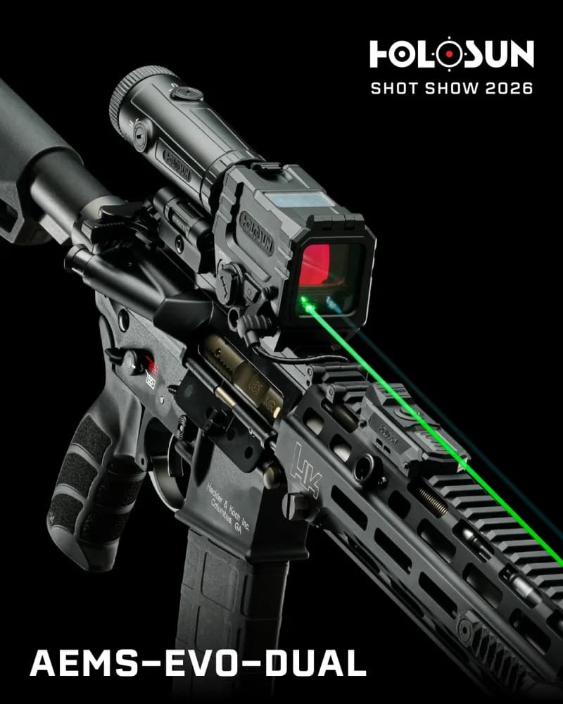 Holosun AEMS-EVO-DUAL mounted on rifle with visible and IR laser
