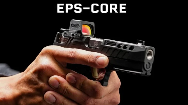 Holosun EPS-CORE enclosed-emitter reflex optic mounted on a pistol slide, profile view