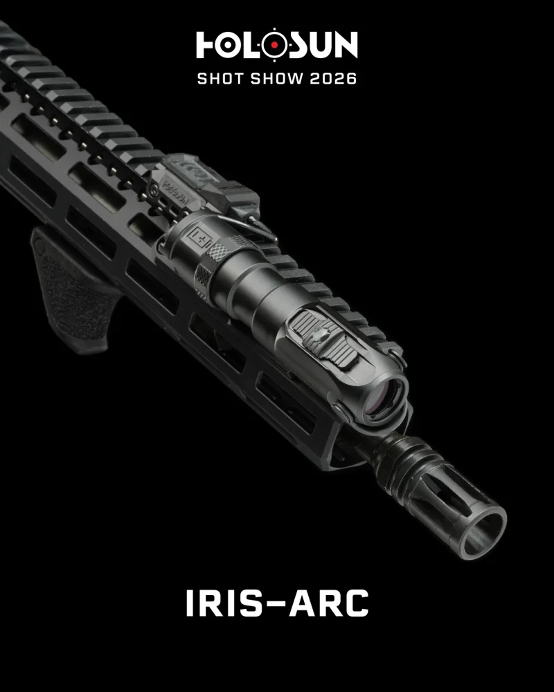 Holosun IRIS-ARC IR illuminator mounted on rifle handguard showing adjustable beam head