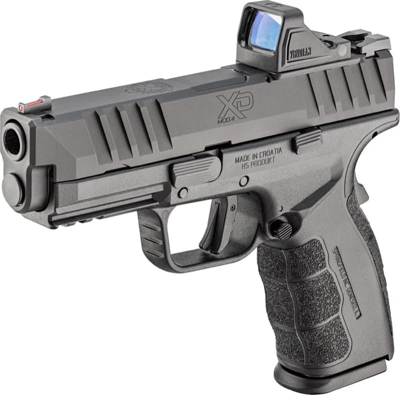 Springfield XD Mod.4 OSP left side with Viridian red dot optic mounted, showing fiber optic front sight and Picatinny rail