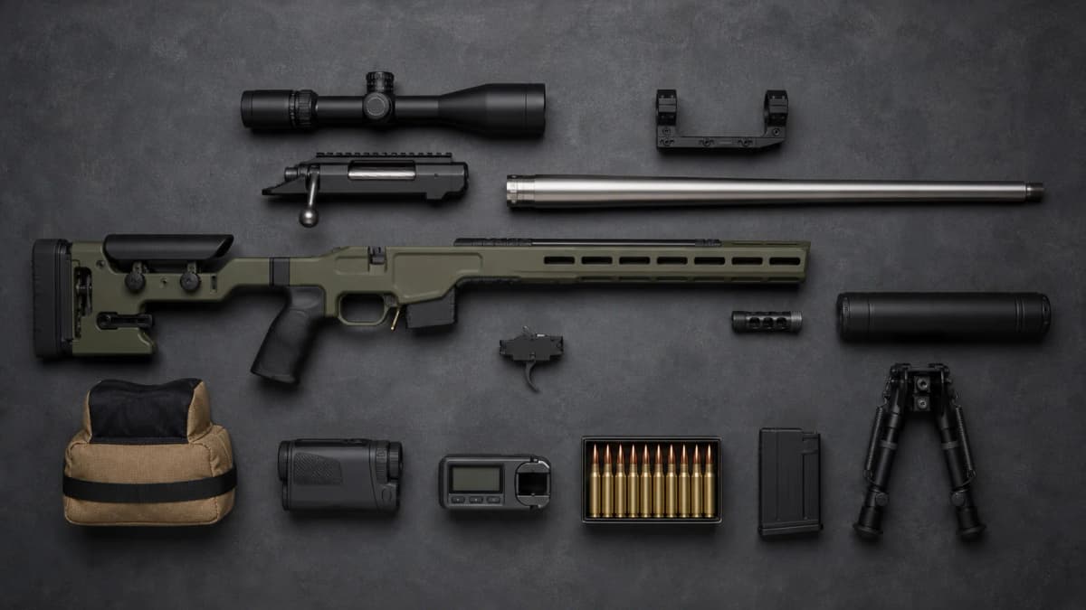Custom precision rifle laid out on a workbench